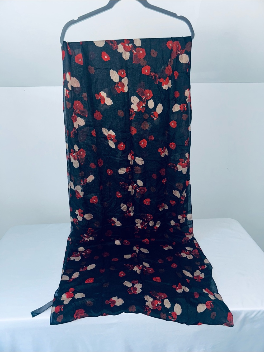 Coach New York Large Wrap Scarf Black Red Poppies Modal/Wool ~125” X 24”